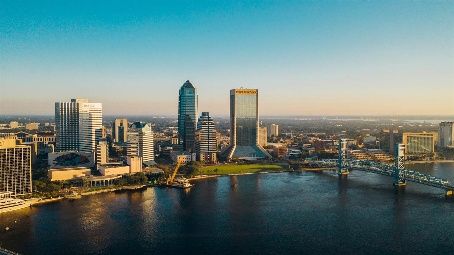 Aerial view of downtown Jacksonville under a blue sky