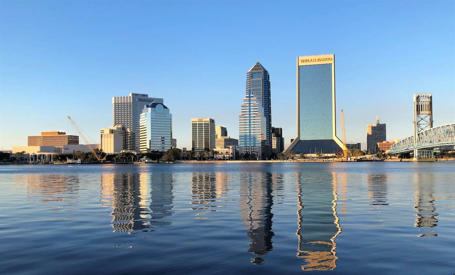 The Jacksonville skyline across the St. Johns River with the Main Street Bridge