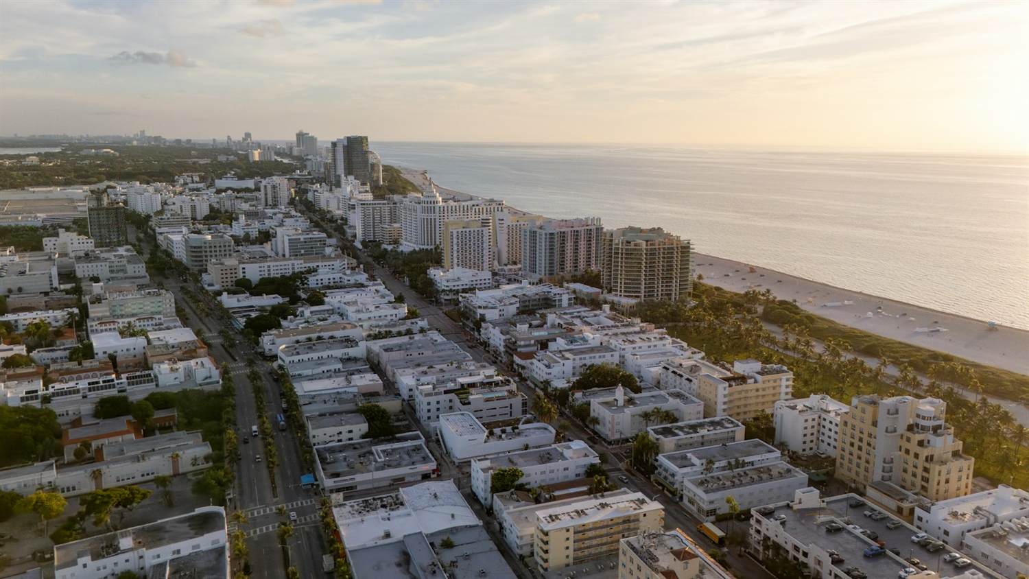 Miami Beach seen from above with the ocean, the beach and the hotel line