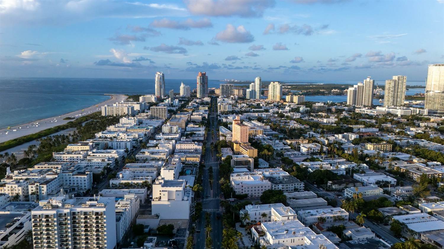 Aerial view of the Miami Beach cityscape on a sunny day