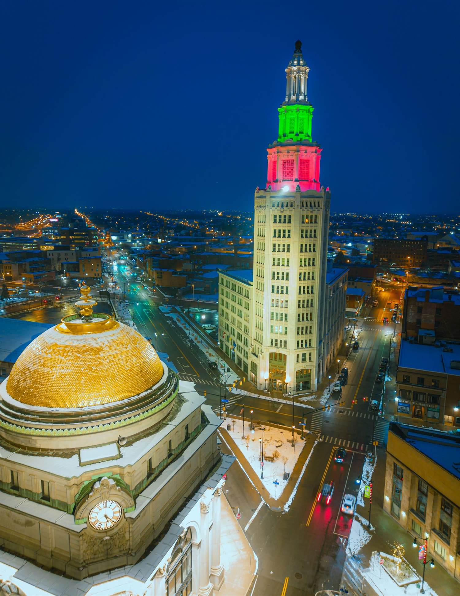 Buffalo's Electric Tower illuminated at night