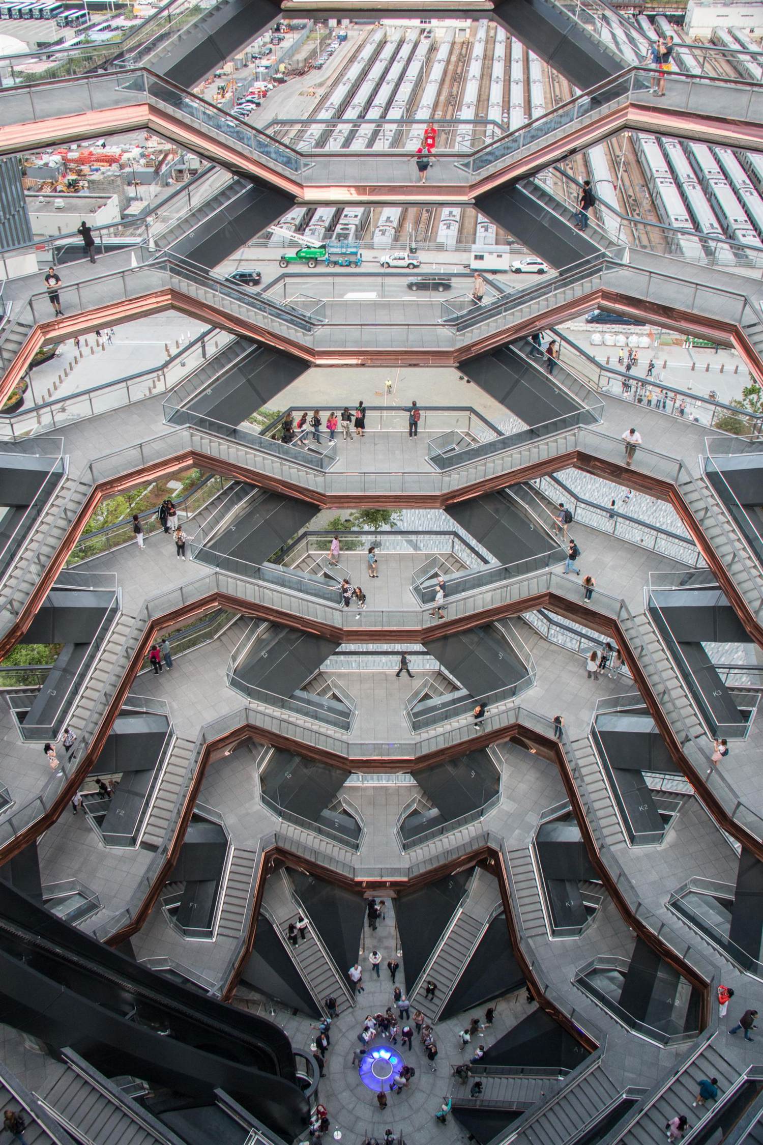 Aerial view of the Vessel at Hudson Yards with surrounding towers
