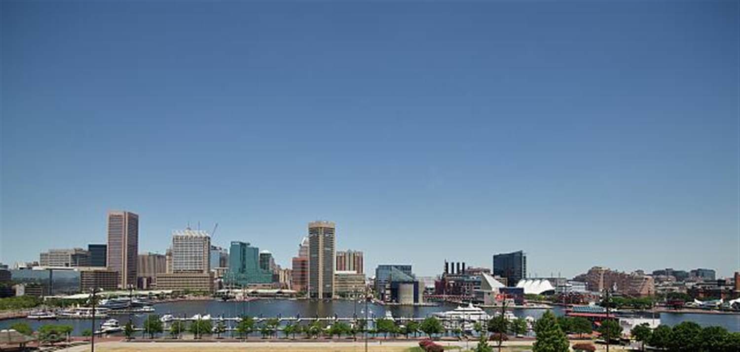 The Baltimore, Maryland Inner Harbor skyline near the convention center