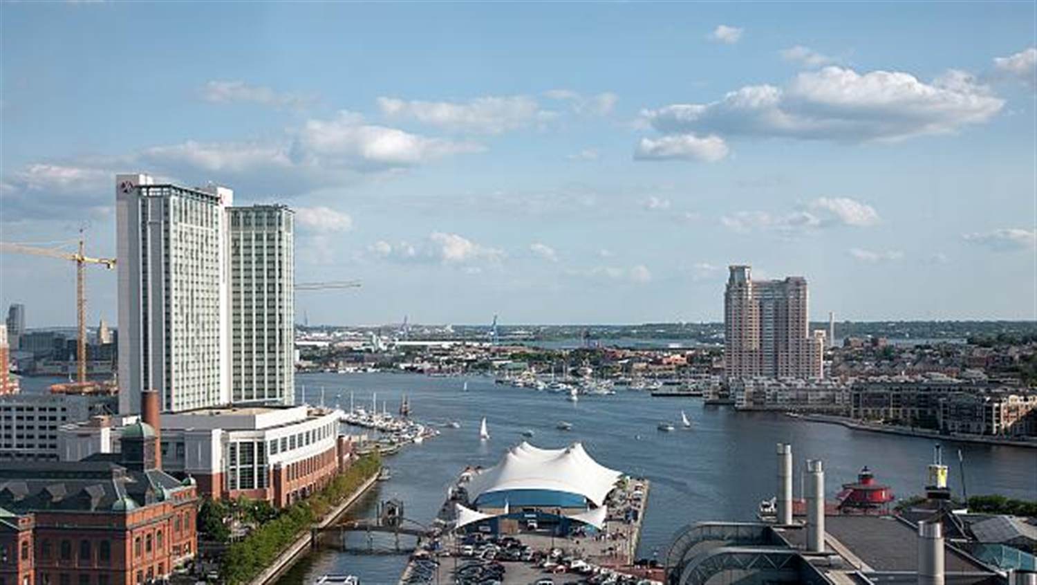 Aerial view of the Baltimore, Maryland Inner Harbor marina and waterfront pavilion