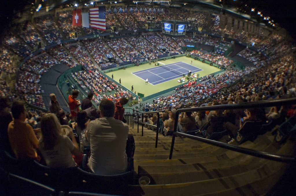 A packed crowd in the BJCC arena, now Legacy Arena, watching a Davis Cup tennis match from the upper seats