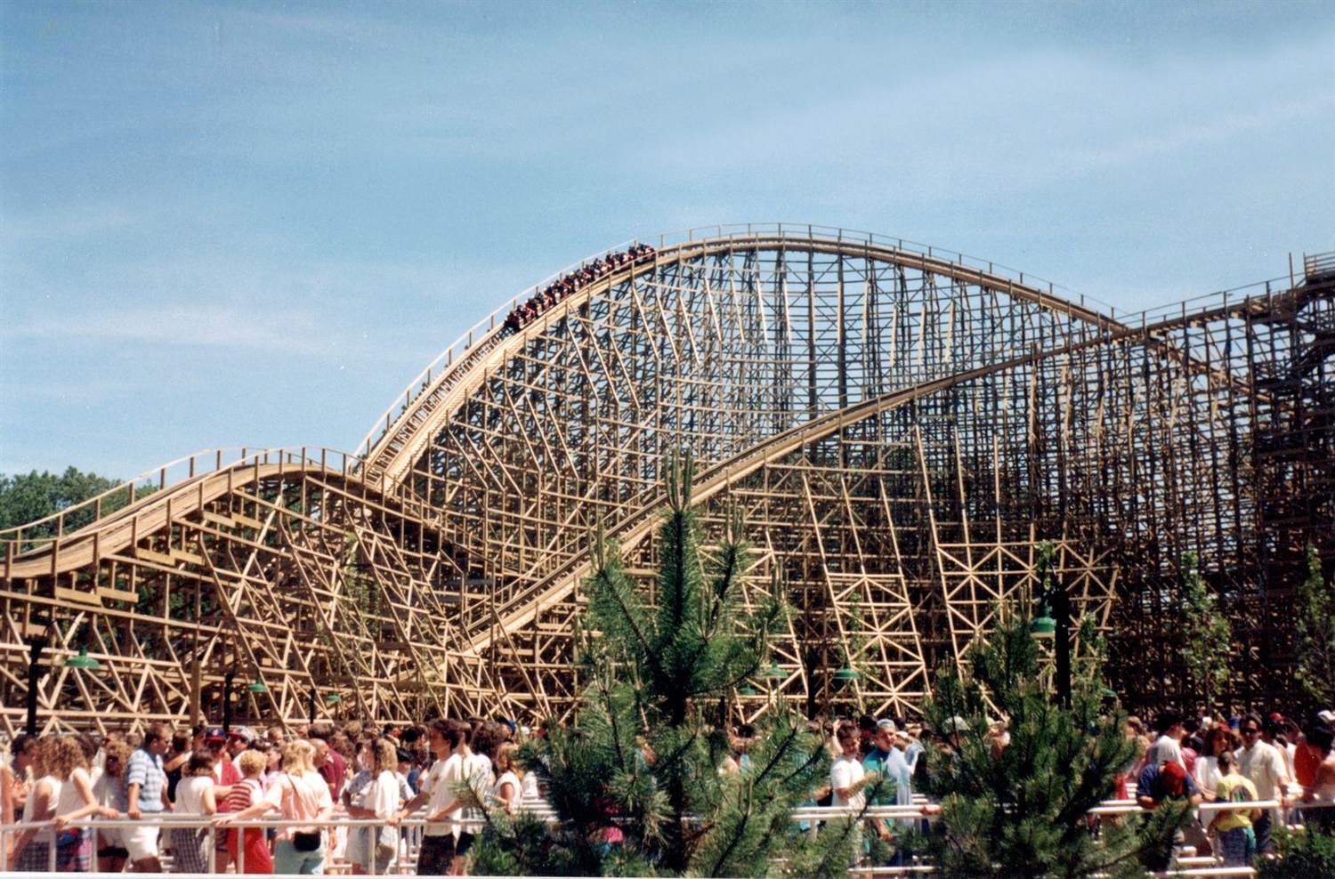 A wooden roller coaster at Cedar Point amusement park in Sandusky, Ohio