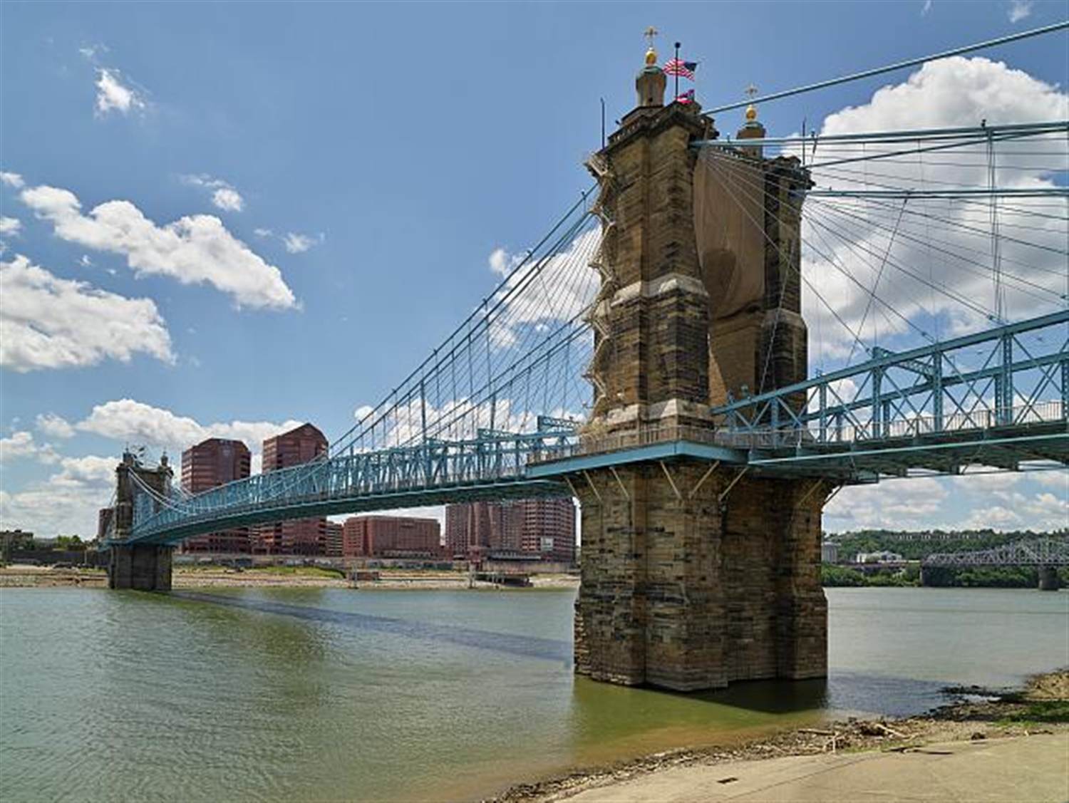 The John A. Roebling Suspension Bridge connecting Covington, Kentucky and Cincinnati, Ohio