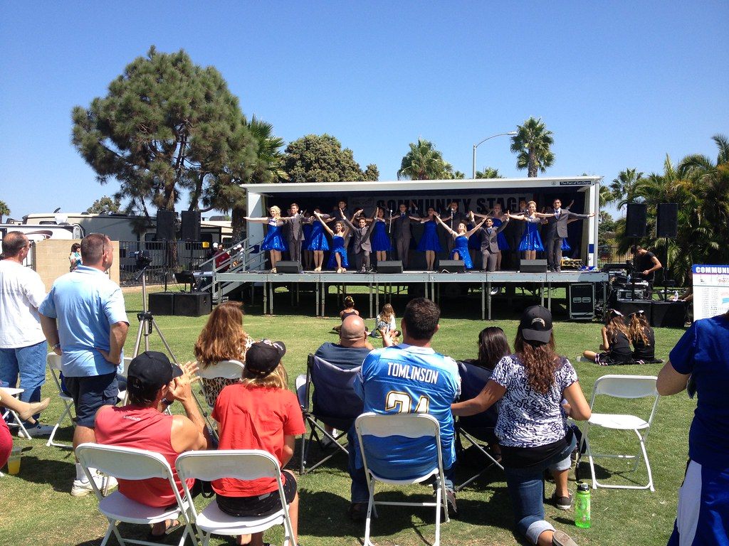 An audience on folding chairs watching a dance group perform on the community stage at the 2013 Chula Vista HarborFest
