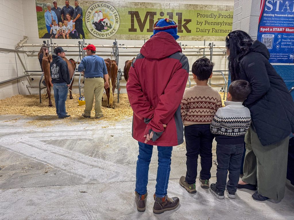 A family watches dairy cows being milked in a demonstration parlor under a Pennsylvania dairy farmers banner at the 2026 Pennsylvania Farm Show
