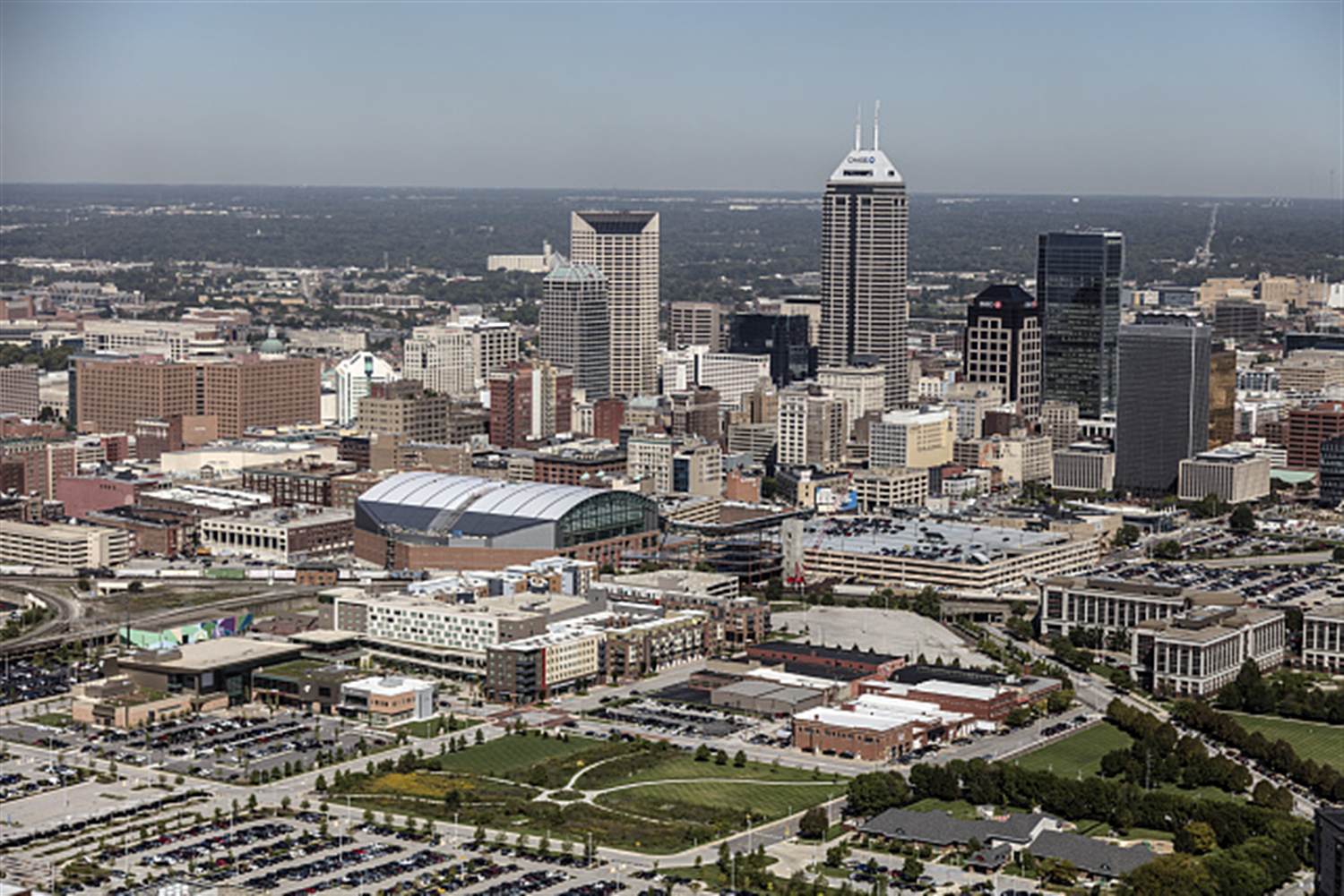 Aerial view of downtown Indianapolis, Indiana including Lucas Oil Stadium
