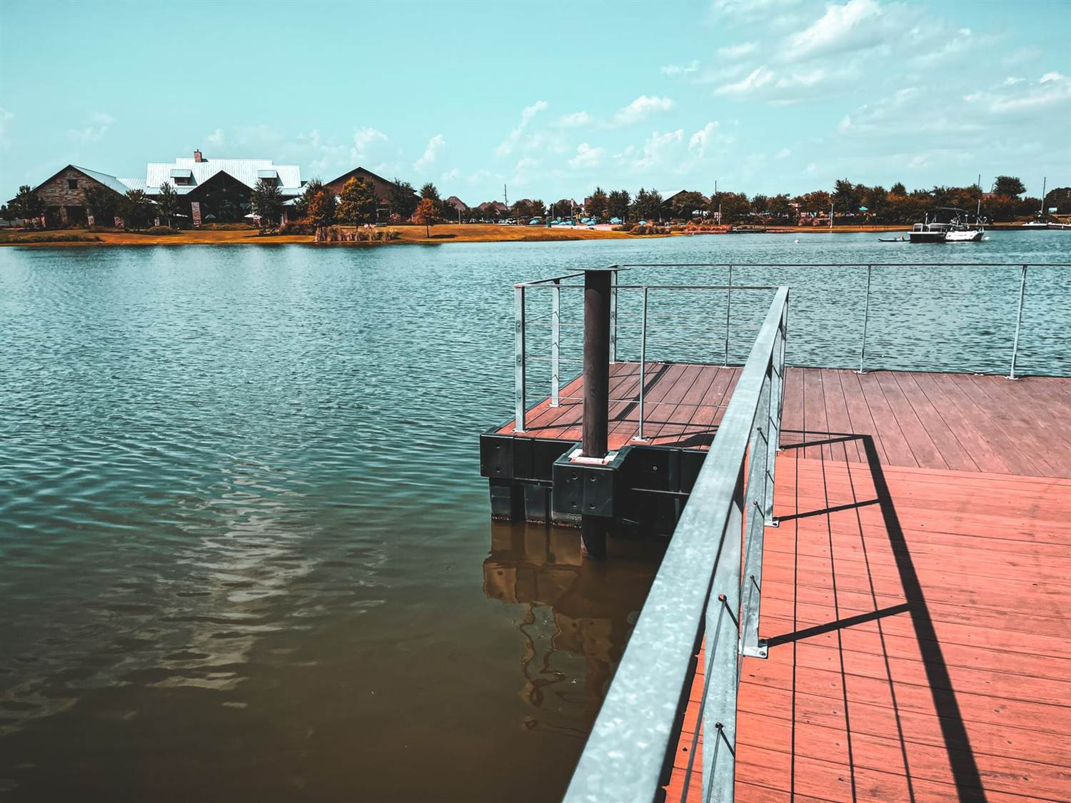 A waterfront pier on a lake at a resort in southwest Louisiana