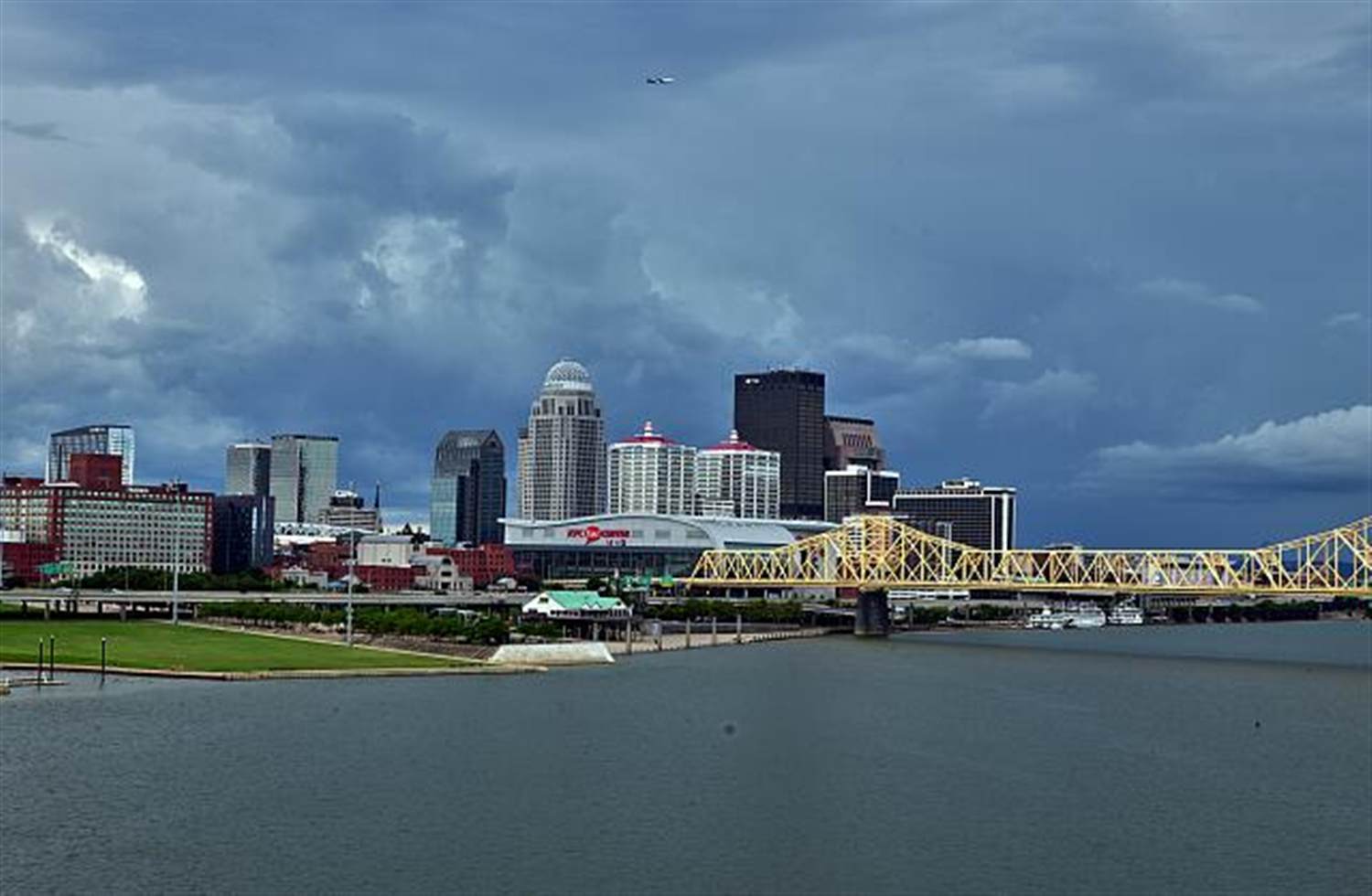 Stormy-day skyline view of downtown Louisville, Kentucky on the Ohio River