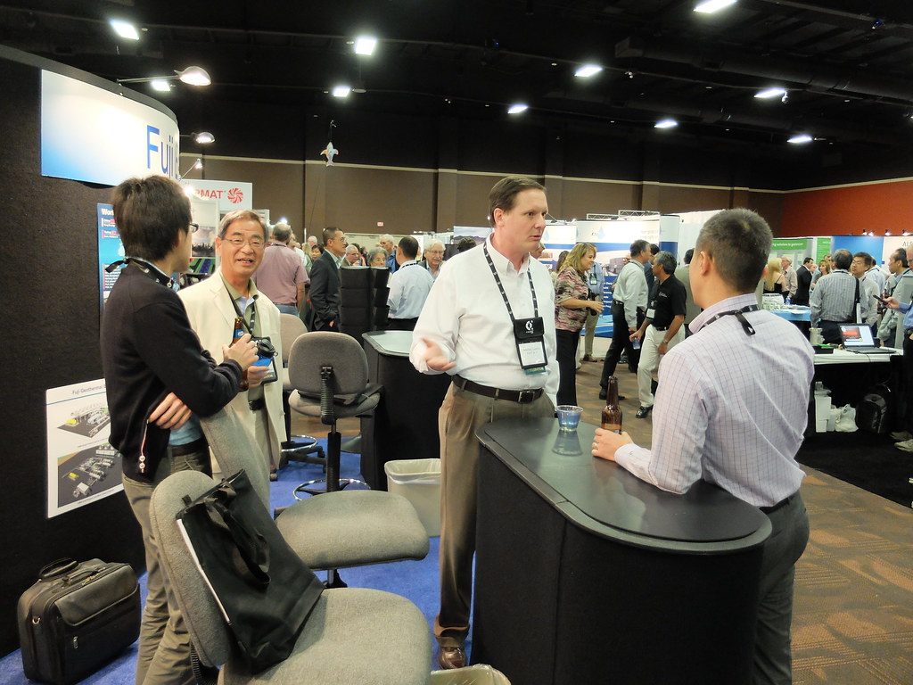 Exhibitors and attendees fill the aisles at the GEA Geothermal Expo 2013 opening reception in Las Vegas