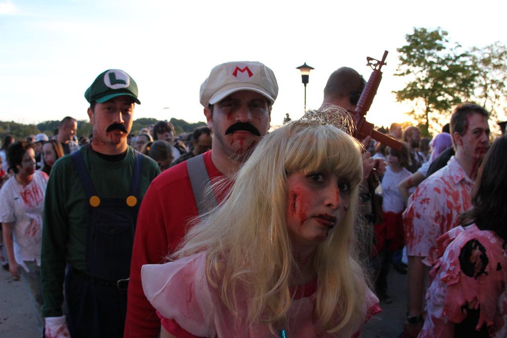 Zombie-costumed Mario, Luigi and Princess Peach in the crowd at Zombie Fest 2009 at Monroeville Mall