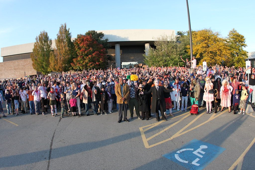 Hundreds of costumed zombies gathered in the parking lot of Monroeville Mall for Zombie Fest 2009