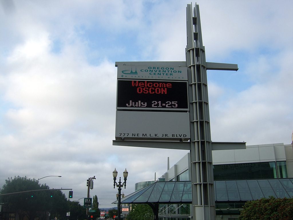 The Oregon Convention Center sign on NE Martin Luther King Jr. Blvd welcoming OSCON, July 21 to 25