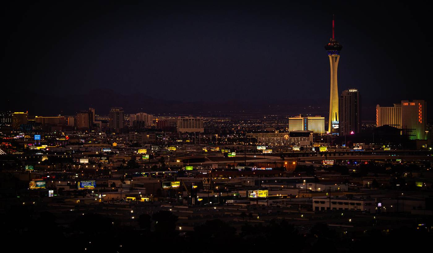 Las Vegas skyline at night with the Strat tower