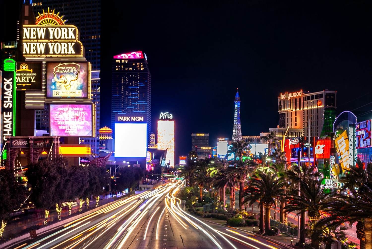 Light trails on Las Vegas Boulevard at night near New York-New York