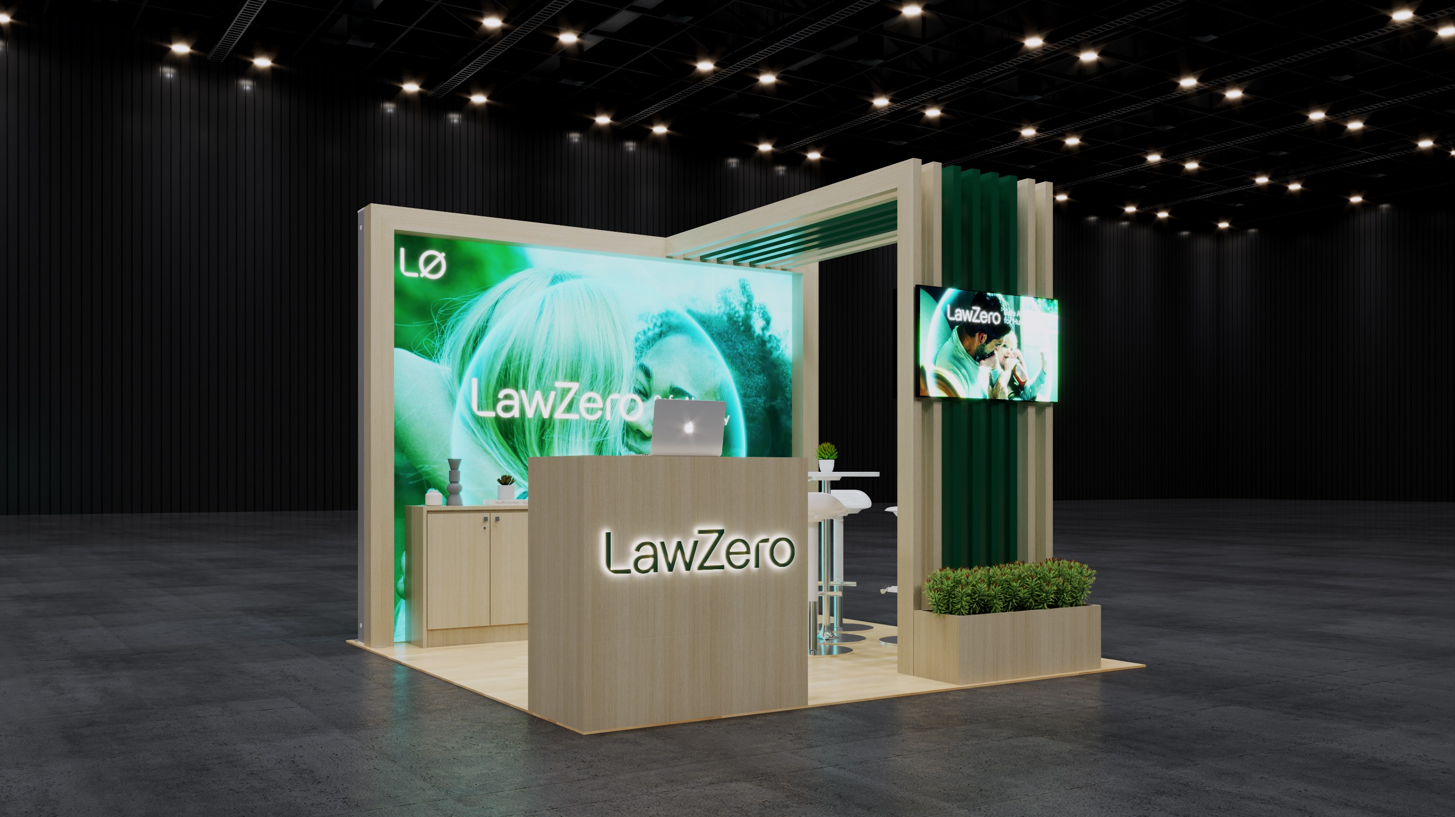 Design render of a 10×10 corner trade show booth: corner booth with backlit graphic wall and slatted wood canopy