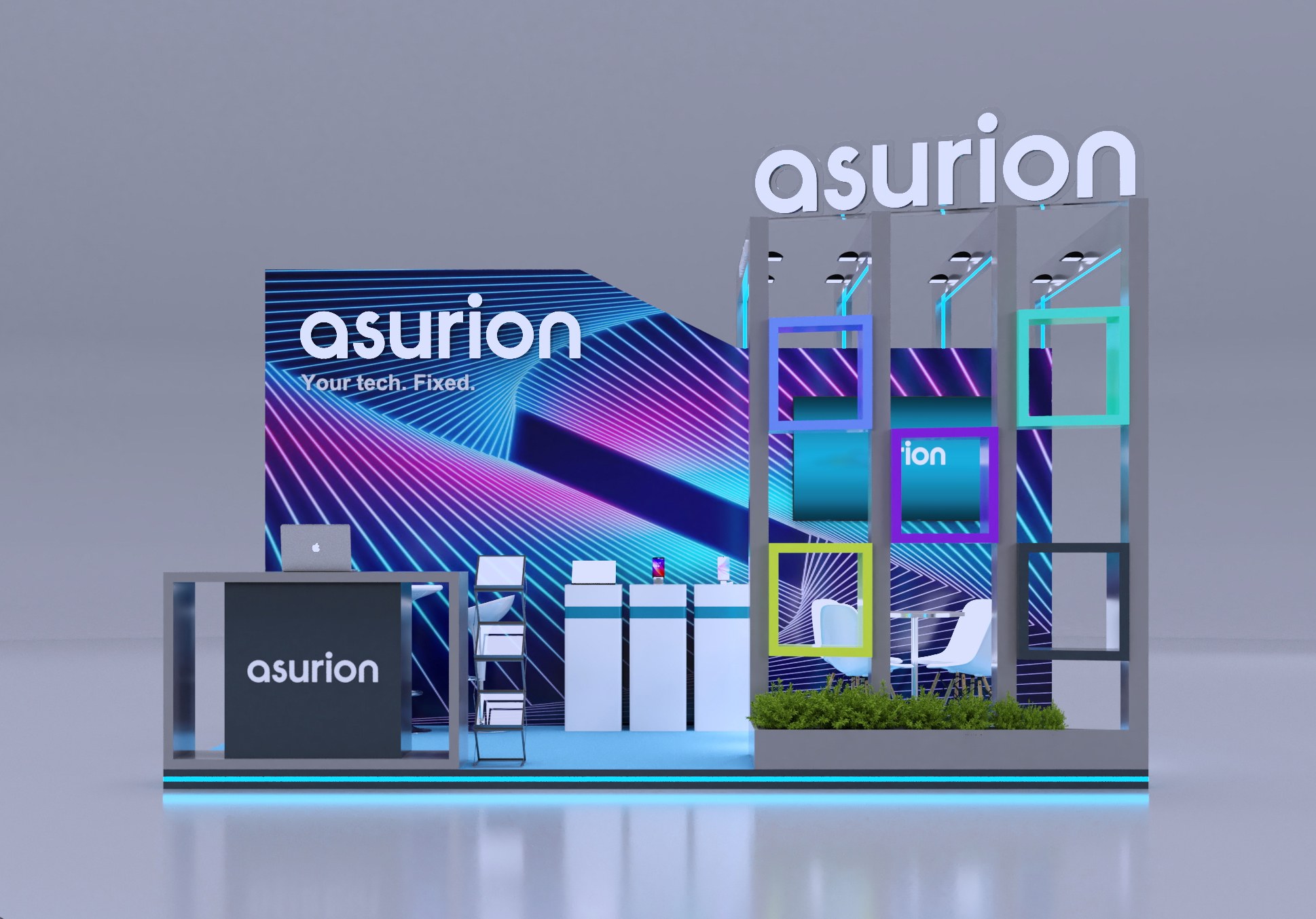 Design render of a 10×15 corner trade show booth: corner booth with colorful cube shelving tower and printed neon wall