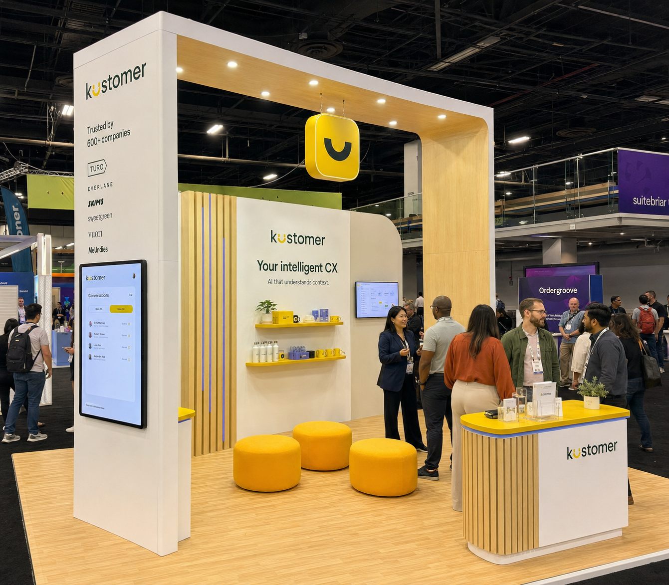 Design render of a 10×15 corner trade show booth: corner booth with wood arch frame and hanging logo sign