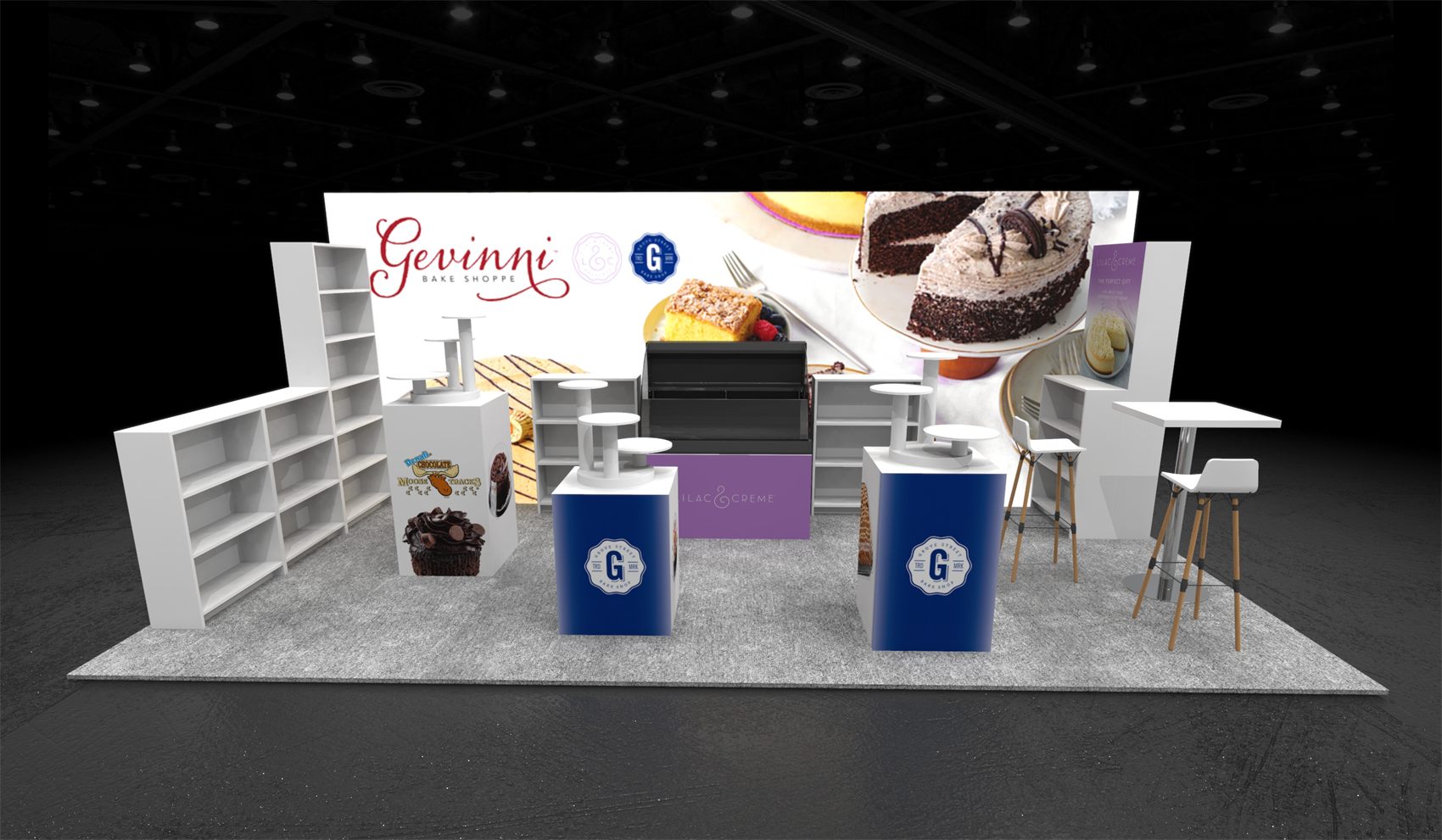 10×20 Corner Booth With Backlit Graphic Wall and Refrigerated Display Case