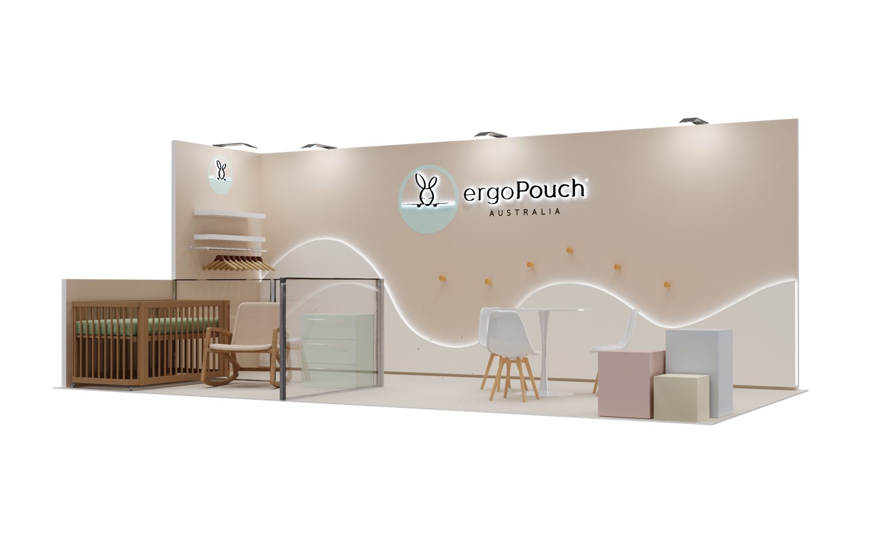 10×20 Corner Booth With Backlit Logo and Nursery Display Room
