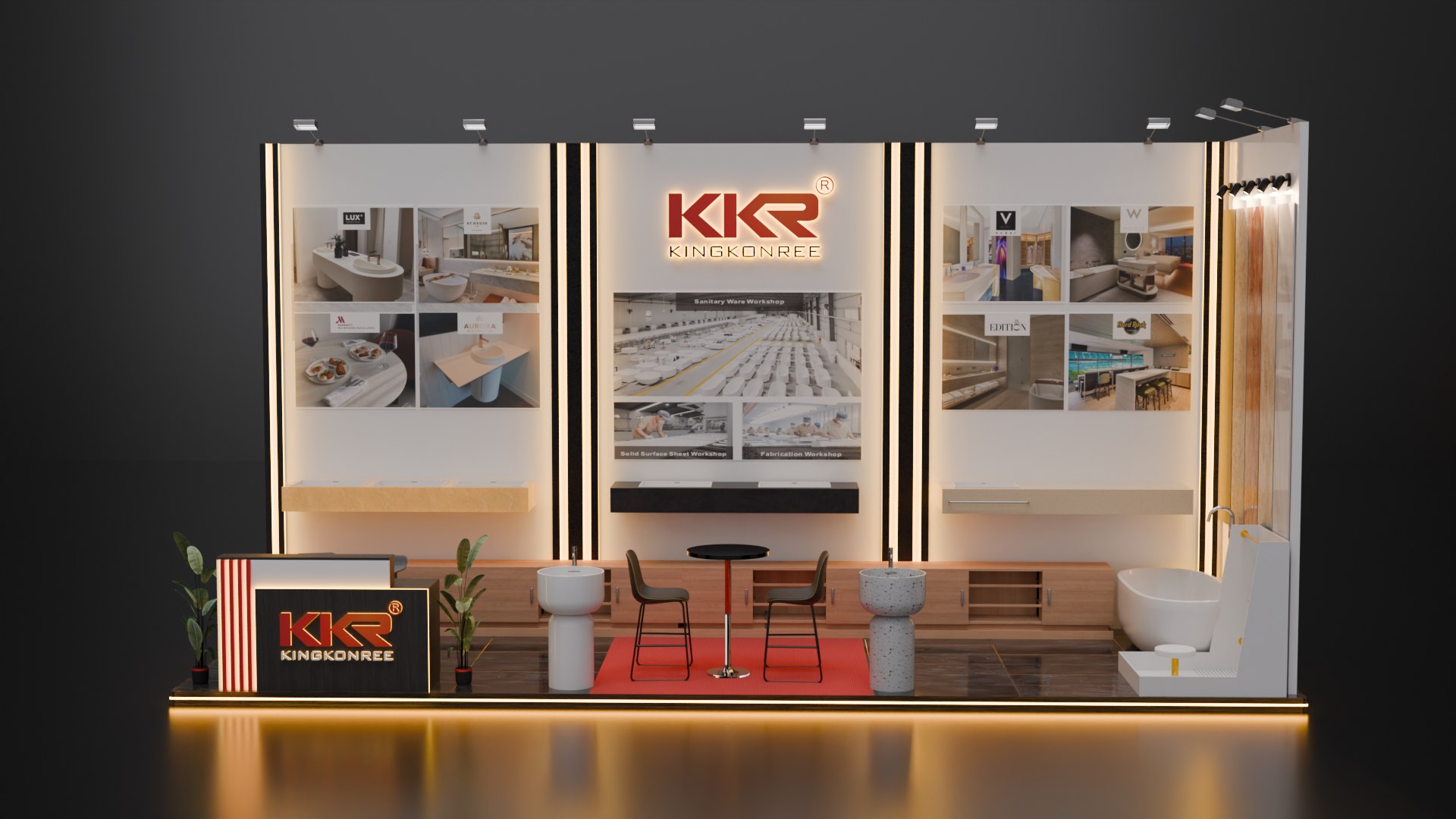 Design render of a 10×20 corner trade show booth: corner booth with backlit photo wall and led-edged platform