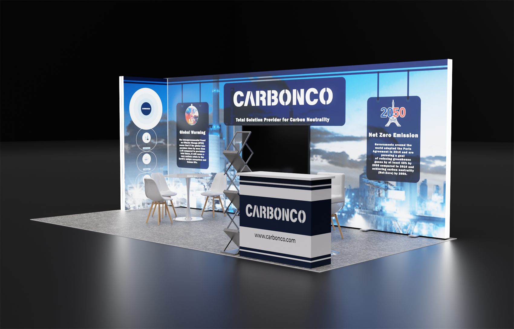 10×20 Corner Booth With Backlit Wall and Hanging Info Panels