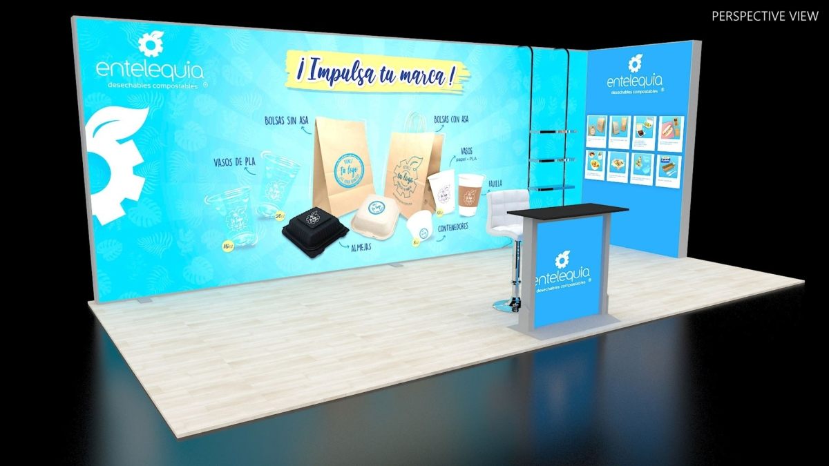 Design render of a 10×20 corner trade show booth: corner booth with bright backlit wall and floating shelves