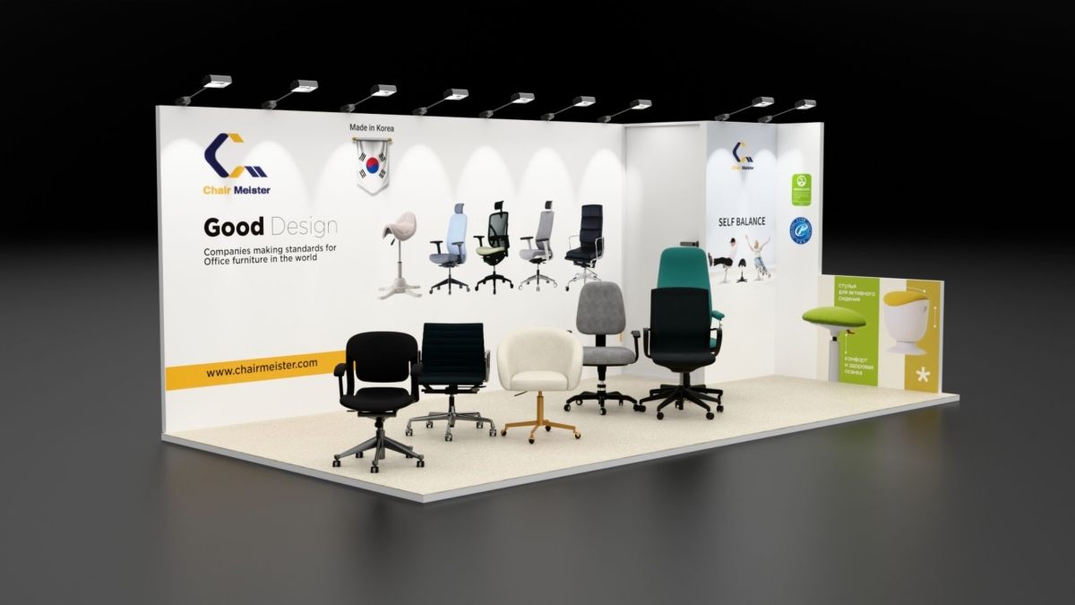 Design render of a 10×20 corner trade show booth: corner booth with bright wall graphics and product chair display