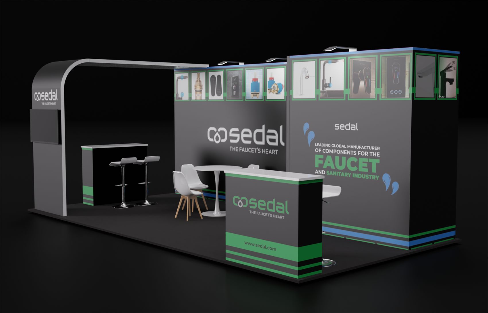 10×20 Corner Booth With Curved Arch Header and Product Image Frieze