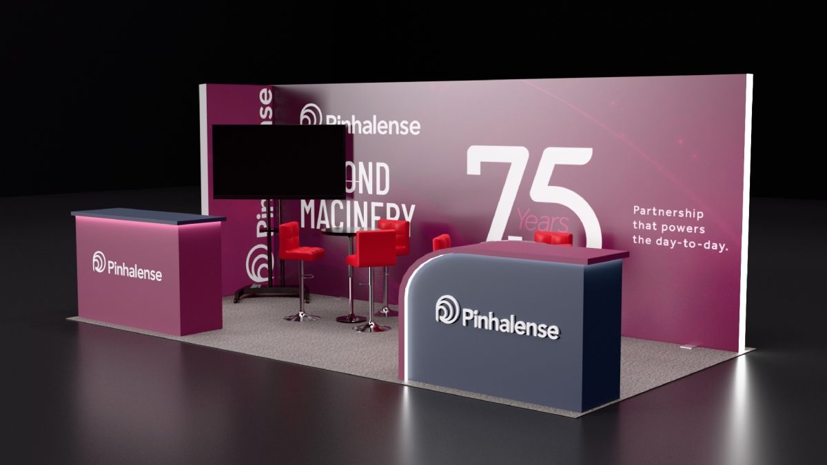 Design render of a 10×20 corner trade show booth: corner booth with curved reception counter and tv stand