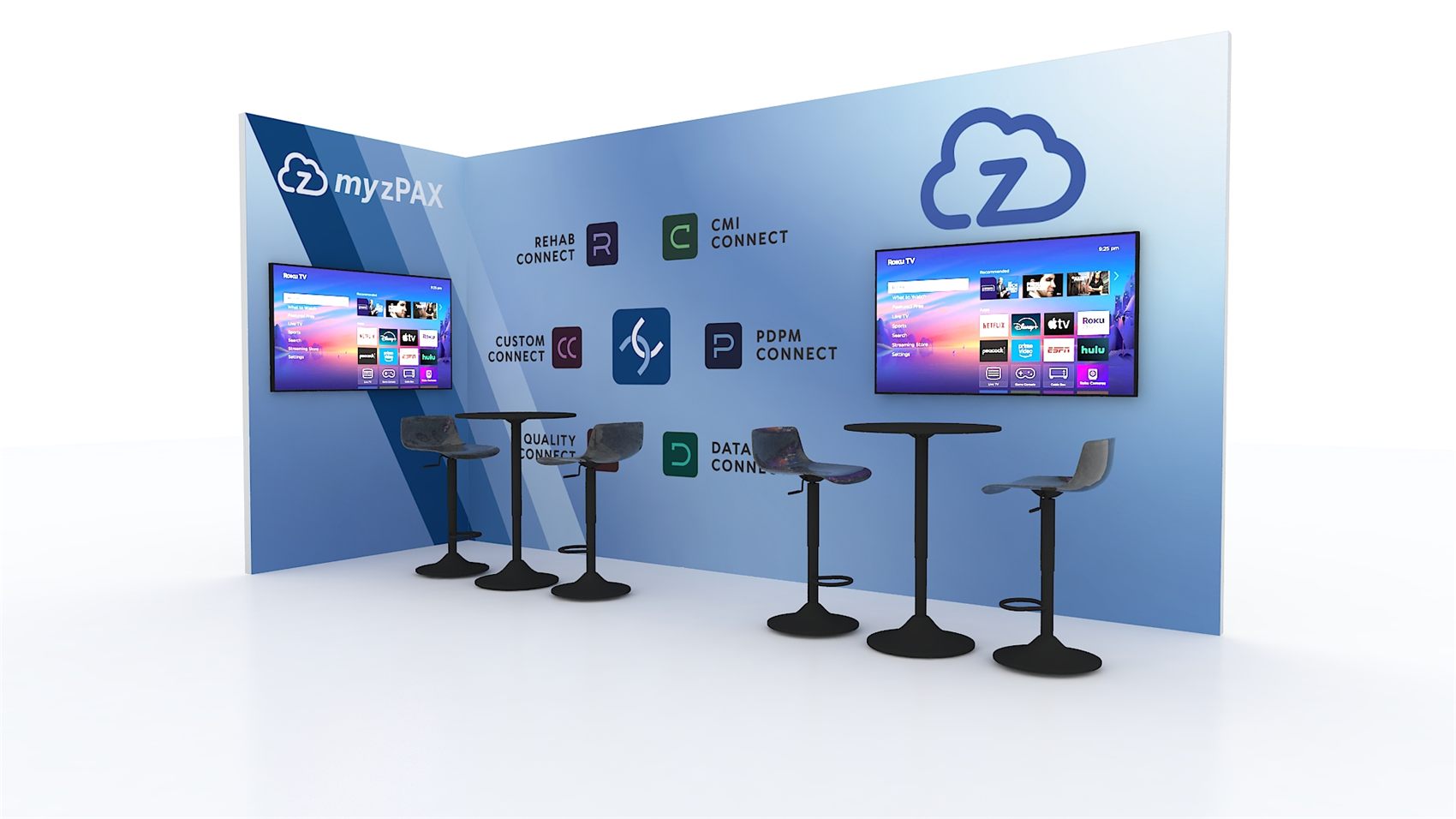 10×20 Corner Booth With Dual TVs and Bar-Height Tables