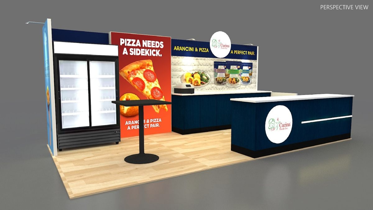 Design render of a 10×20 corner trade show booth: corner booth with food counters and display fridge