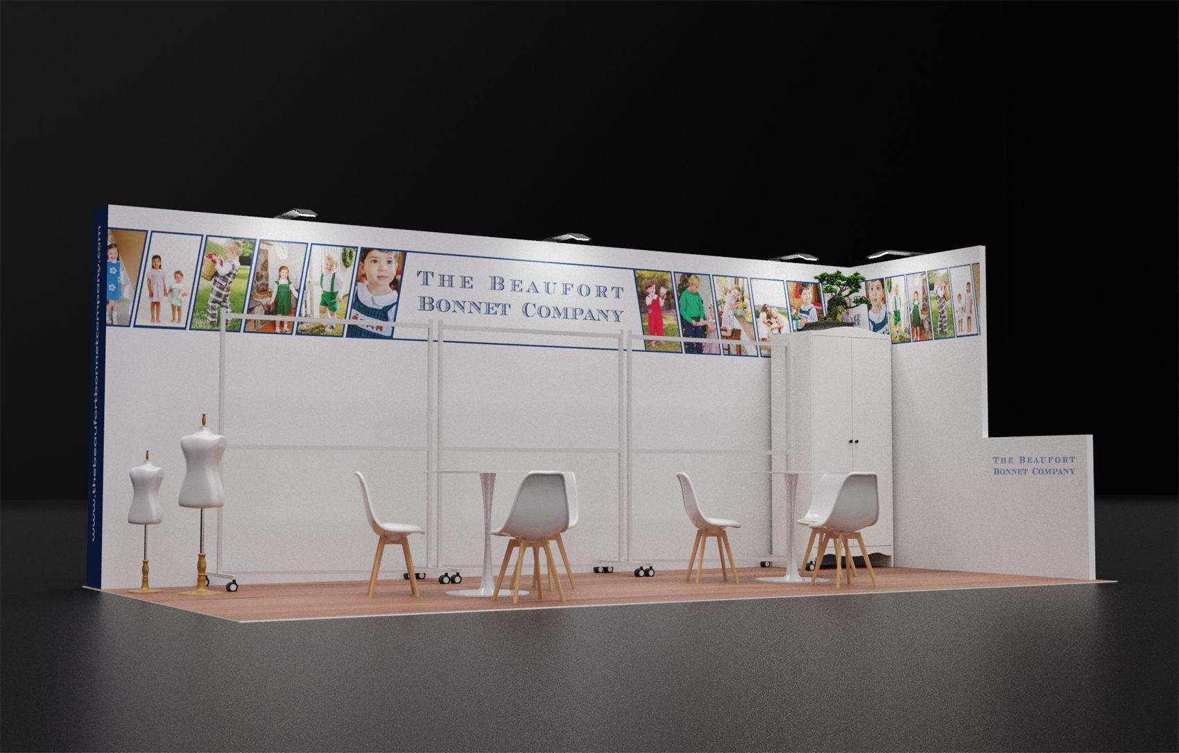 10×20 Corner Booth With Garment Racks and Photo Strip Graphics