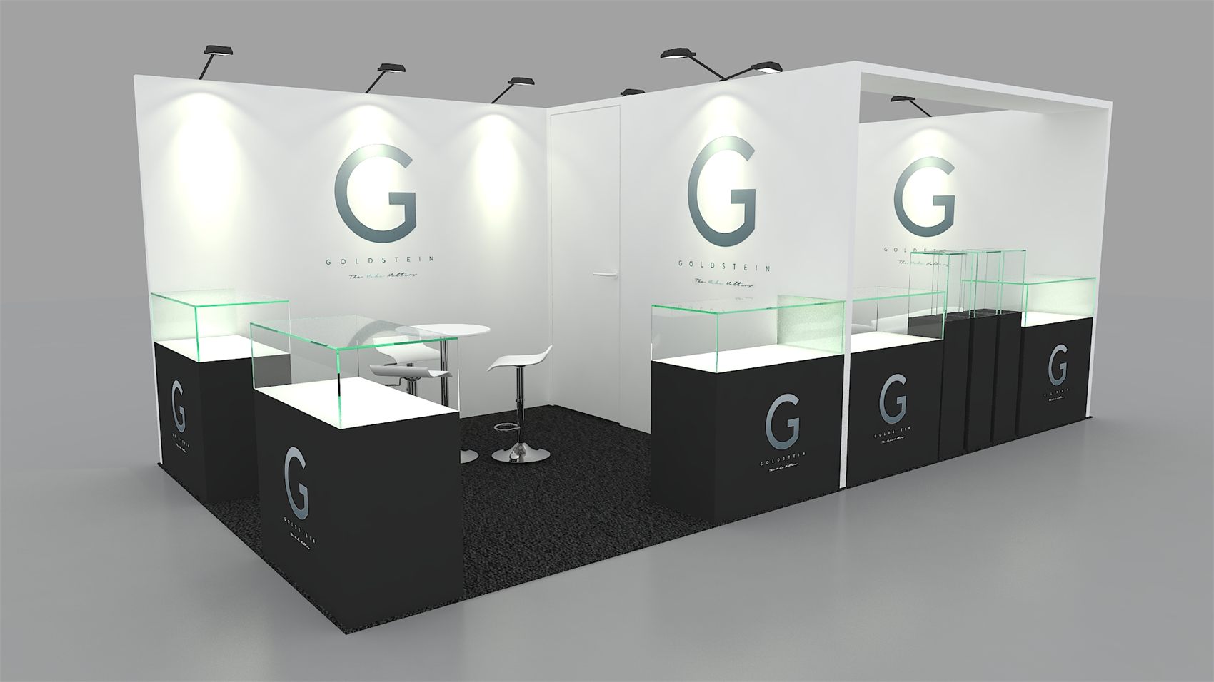 10×20 Corner Booth With Glass Jewelry Showcases and Storage Room