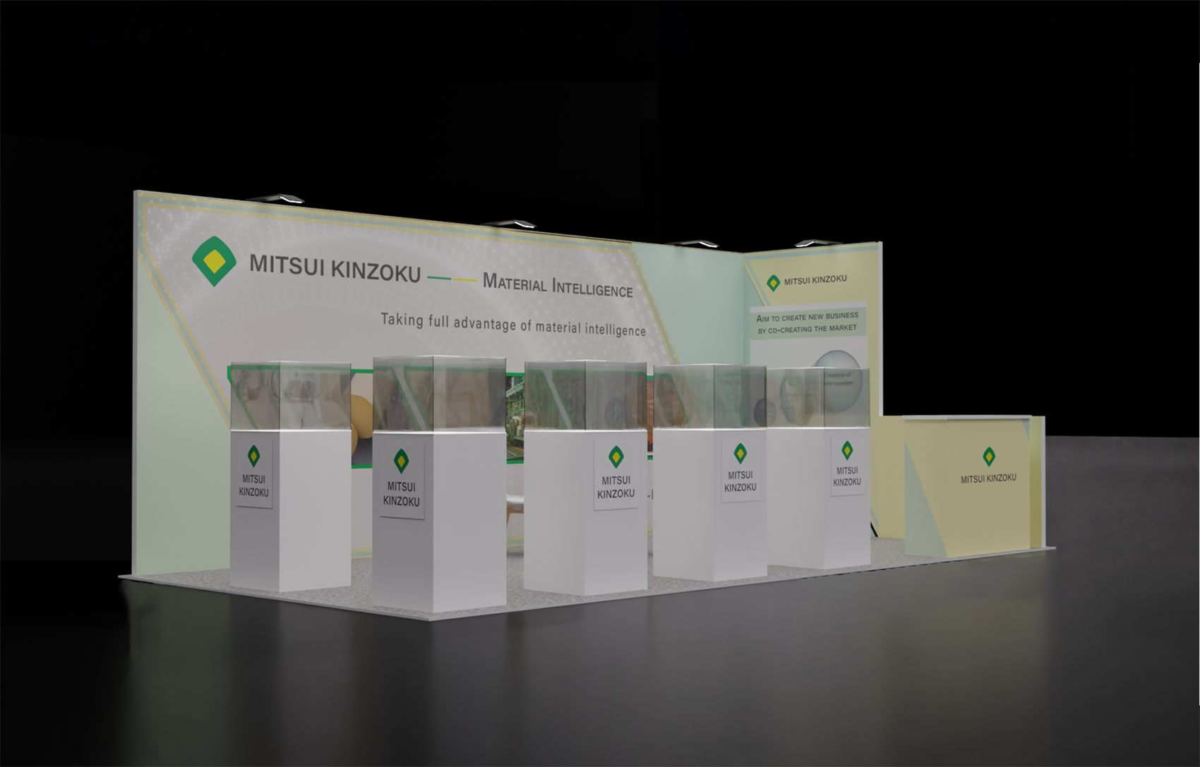 10×20 Corner Booth With Glass-Top Display Pedestals and Graphic Return Wall