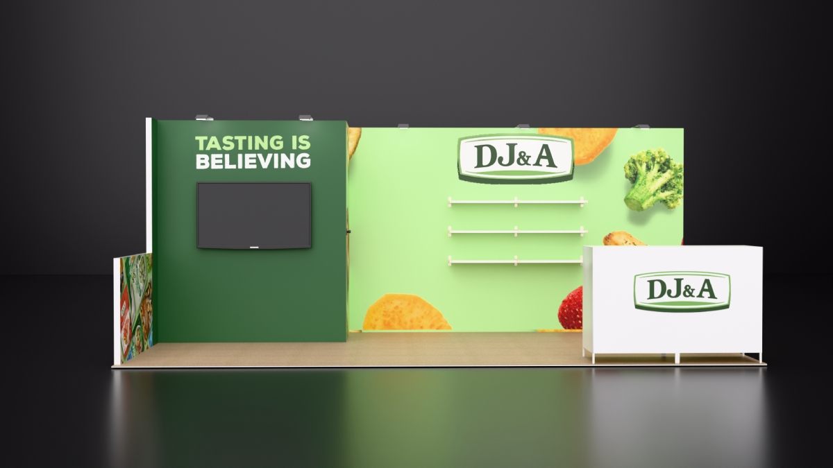 Design render of a 10×20 corner trade show booth: corner booth with green tower, shelves and hanging banner
