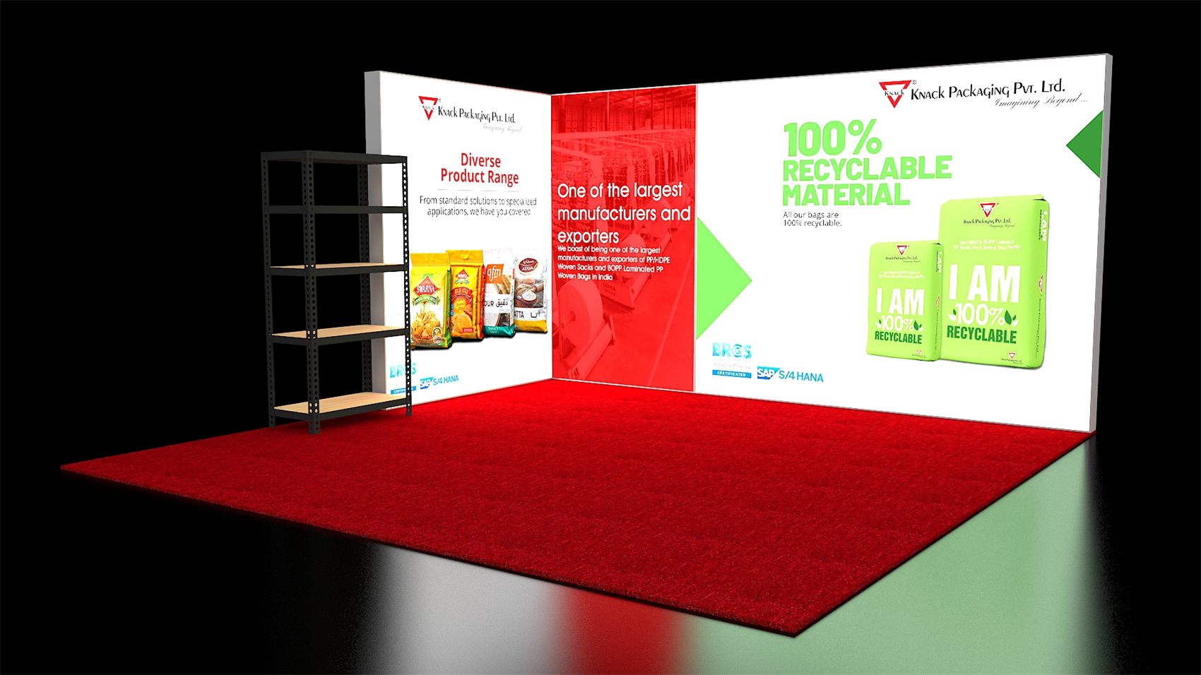 10×20 Corner Booth With L-Shaped Graphic Walls and Metal Shelving Unit