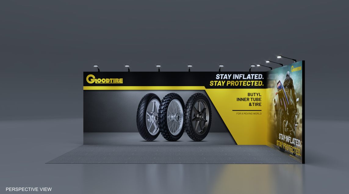 Design render of a 10×20 corner trade show booth: corner booth with large tire graphic wall