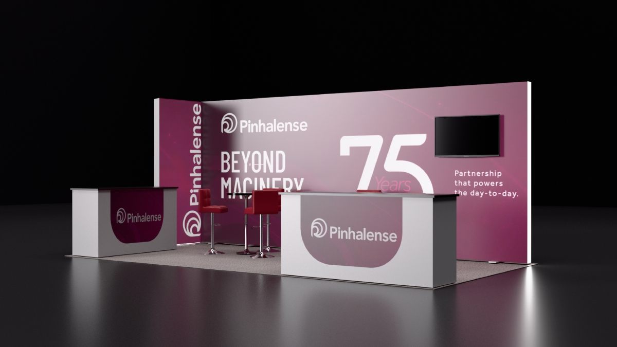Design render of a 10×20 corner trade show booth: corner booth with lit graphic wall and two counters