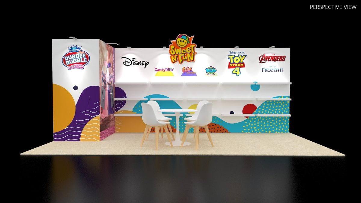 Design render of a 10×20 corner trade show booth: corner booth with long product shelves and meeting table