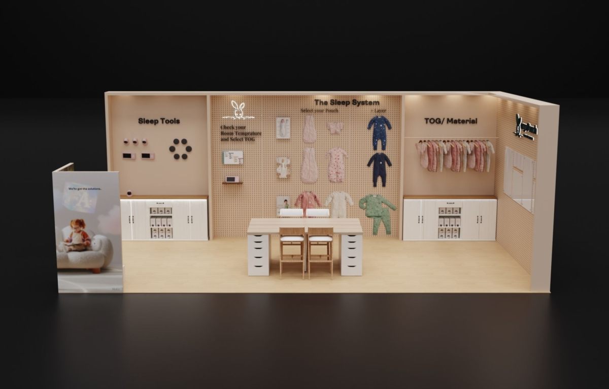 Design render of a 10×20 corner trade show booth: corner booth with pegboard walls and wood-look floor