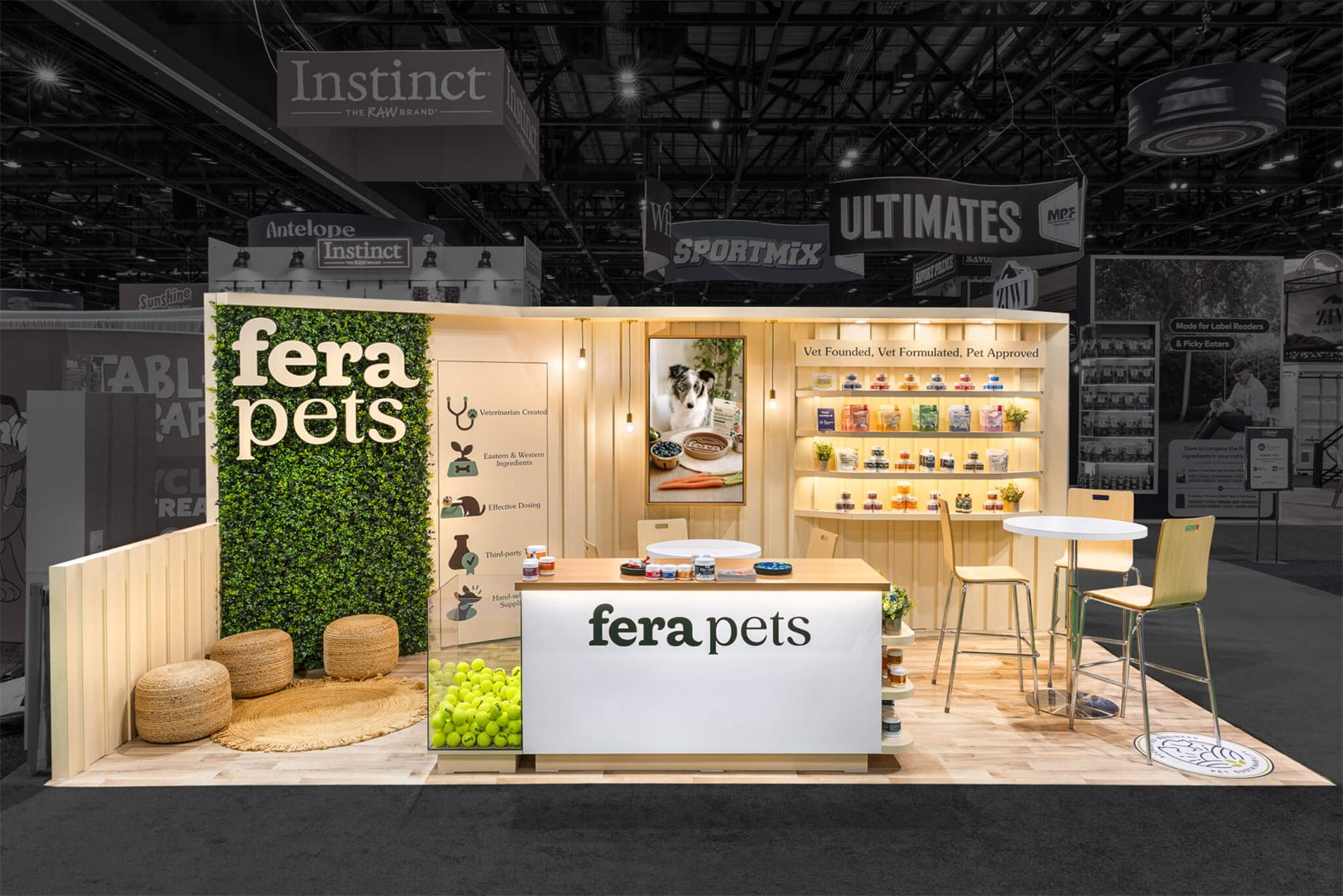 Design render of a 10×20 corner trade show booth: corner booth with plant wall and shelved product display