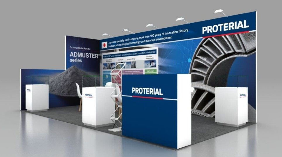 Design render of a 10×20 corner trade show booth: corner booth with printed graphic wall and display plinths