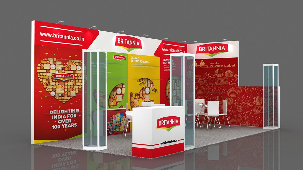 Design render of a 10×20 corner trade show booth: corner booth with printed walls and glass display towers