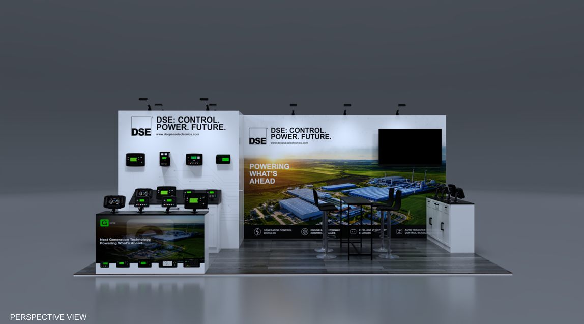 Design render of a 10×20 corner trade show booth: corner booth with product counters and large wall screen