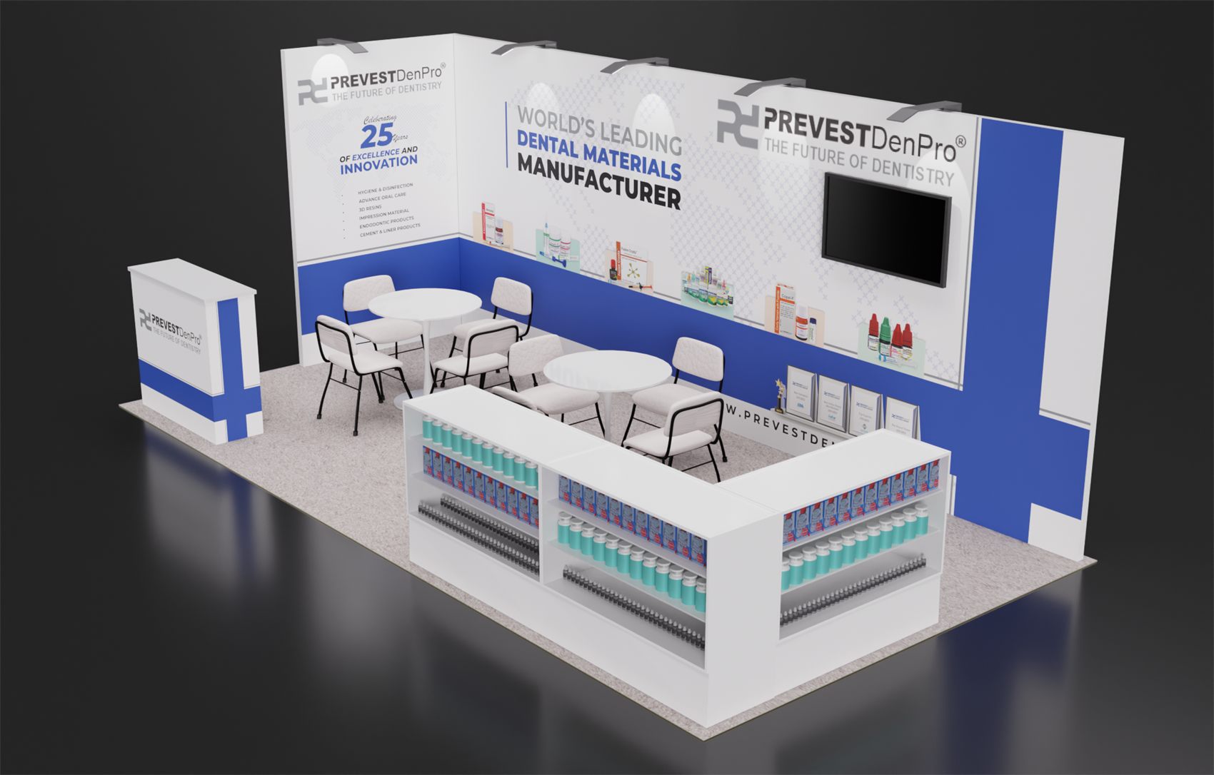 10×20 Corner Booth With Product Display Counters and TV Wall