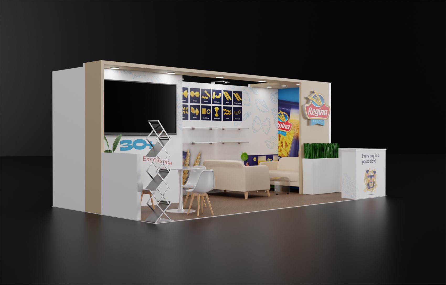 10×20 Corner Booth With Recessed-Light Header Frame and Sofa Lounge
